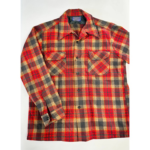 Vintage 60s Pendleton Wool Plaid Flannel Board Shirt Mens Large Red Tan - Picture 1 of 10